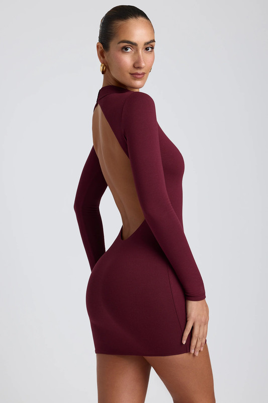 Modal Open-Back Long-Sleeve Mini Dress in Plum - Size:L
